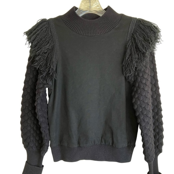 Anthropologie Dolan Boho Fringed Knit Sweater Mock Neck Puff Sleeves Black XXS - Picture 5 of 16